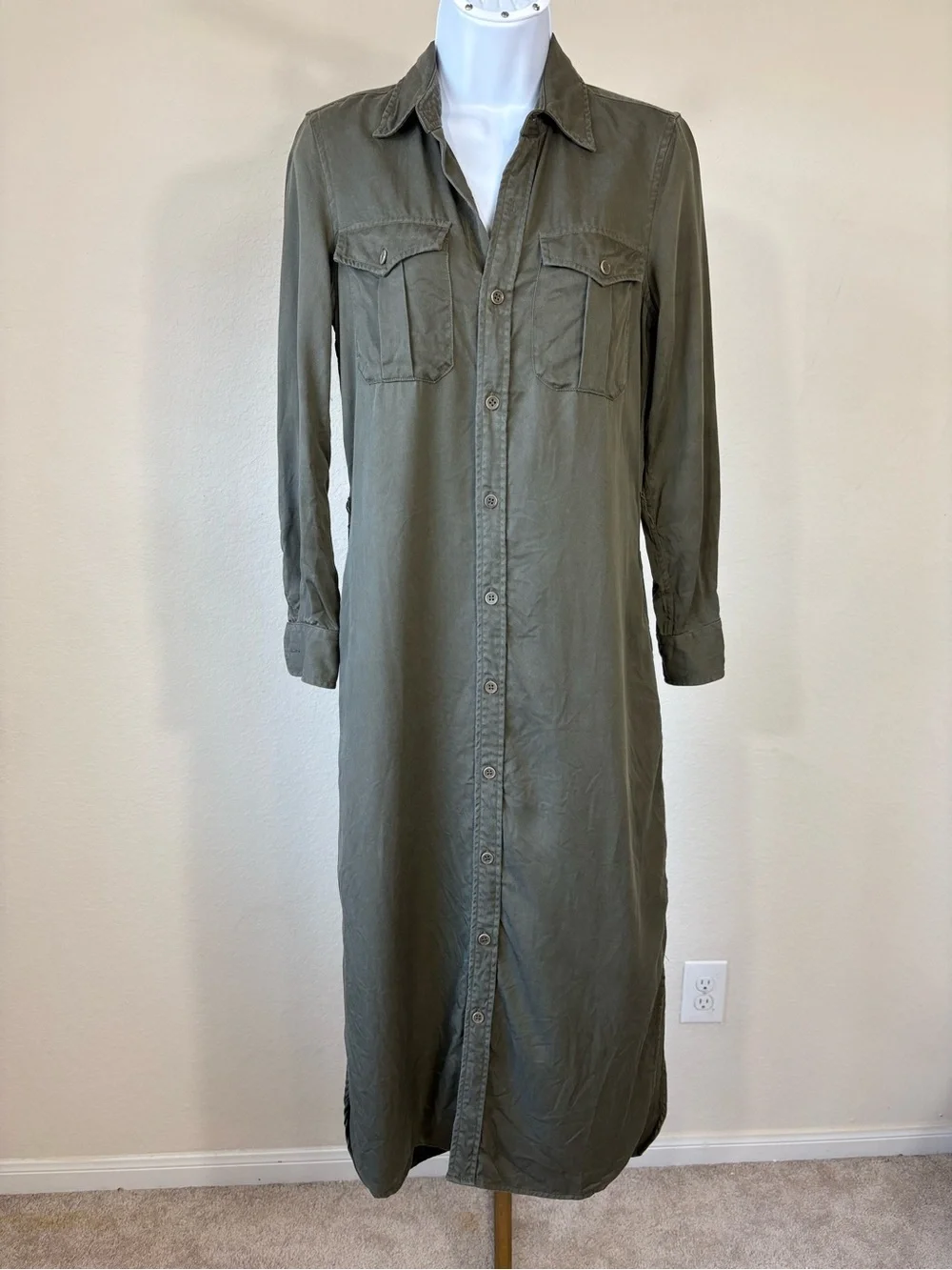 Double RL Ralph Lauren Lyocell Twill Shirt Dress Olive Green Size 1 Maxi Midi